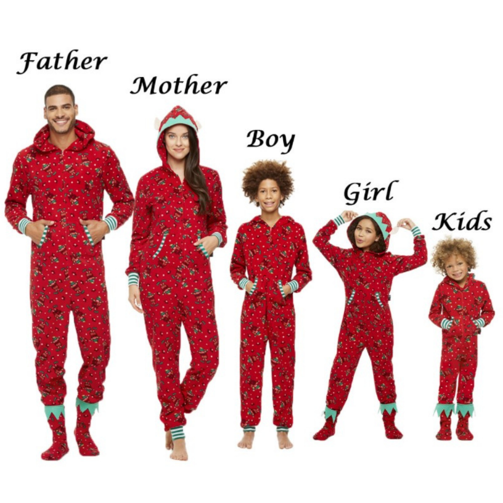 Christmas print hooded jumpsuit parent-child pajamas