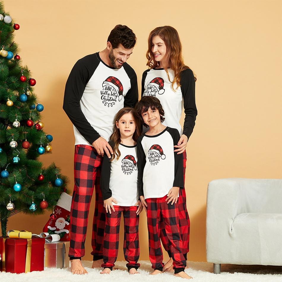 Family Matching Plaid Christmas Hat Print Pajamas Sets