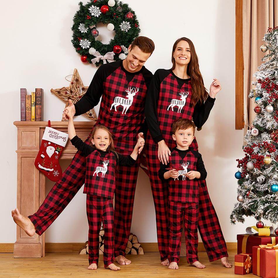 Christmas Deer Print Plaid Design Family Matching Pajamas Set