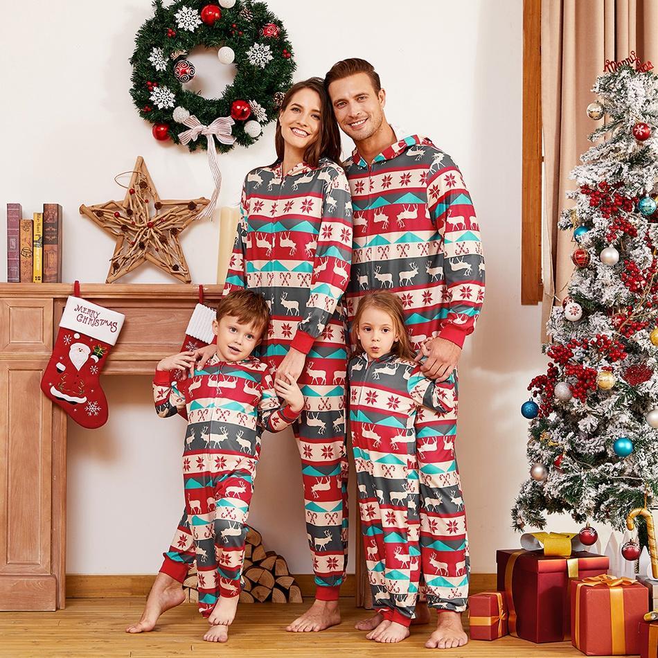 Christmas Reindeer and Snowflake Patterned Hooded Family Matching Onesie Pajamas
