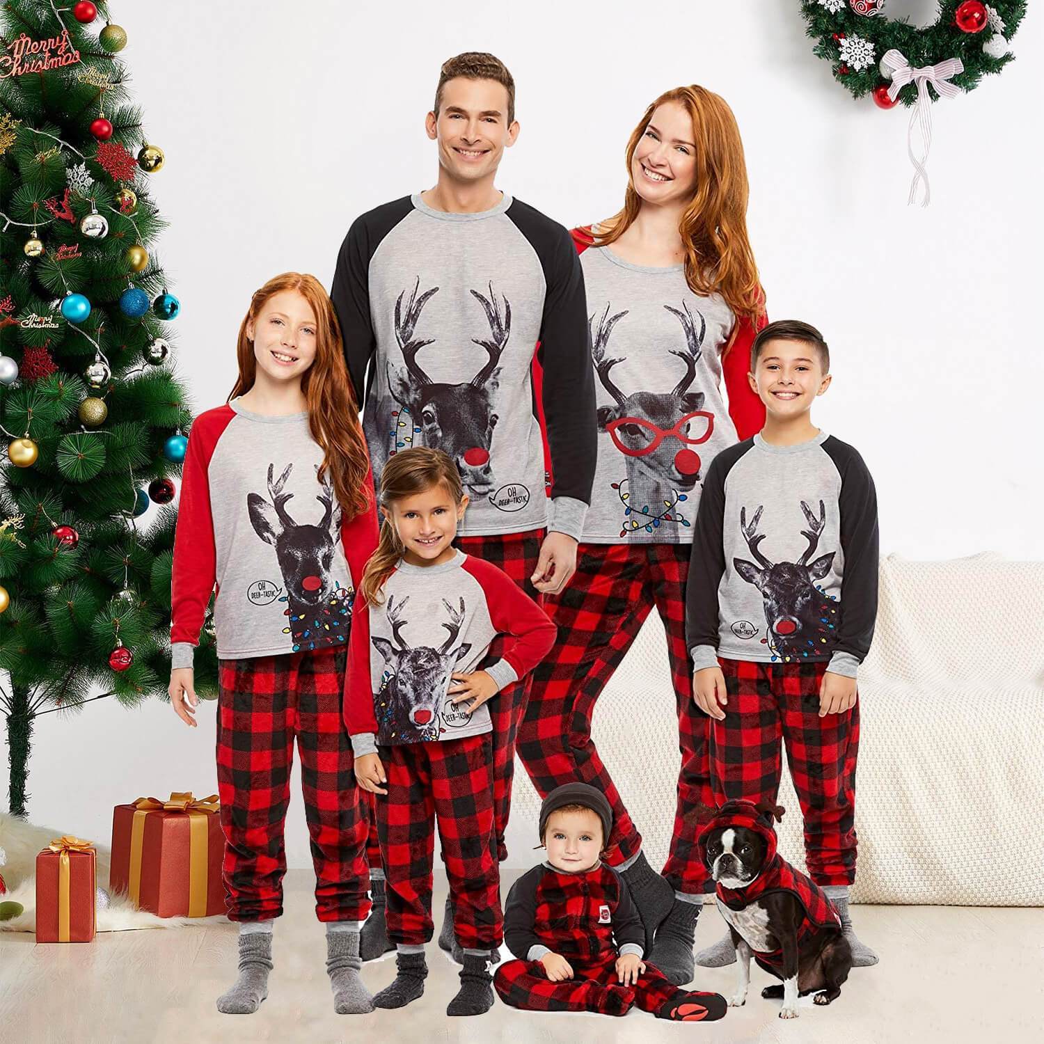Family Matching Plaid Deer Print Christmas Pajamas Set(with Pet Dog Clothes)