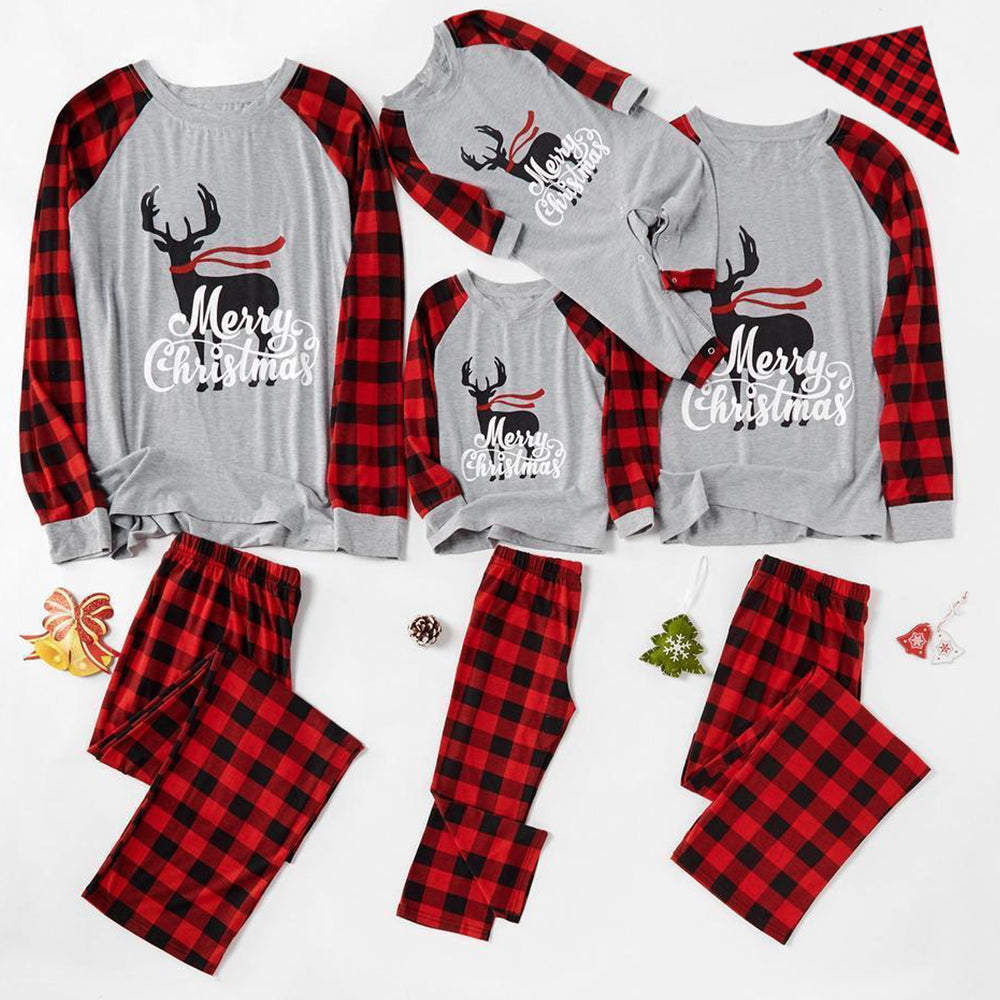 Family Matching Deer Print Merry Christmas Plaid Pajamas Set(with Pet Dog Clothes)