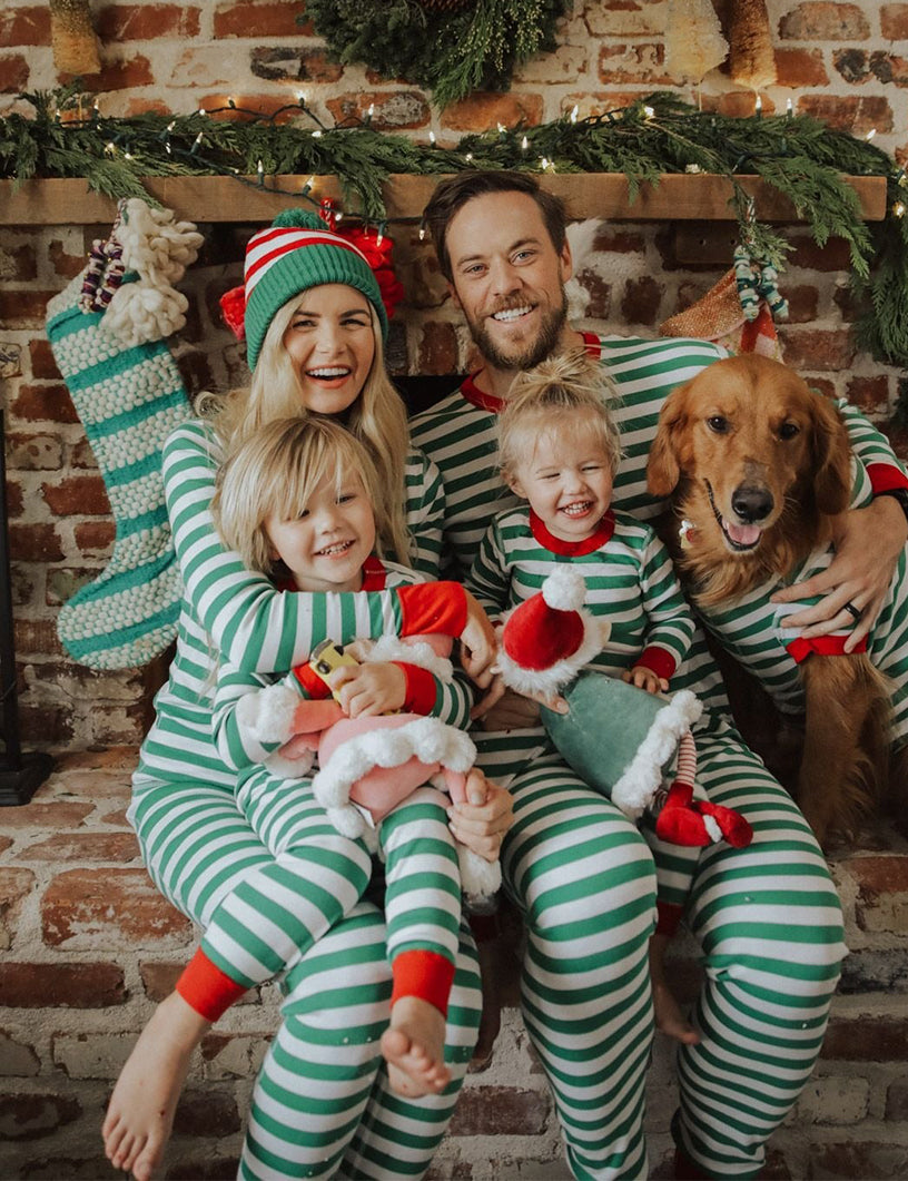 Green and White Striped Red Collar Family Matching hot Set