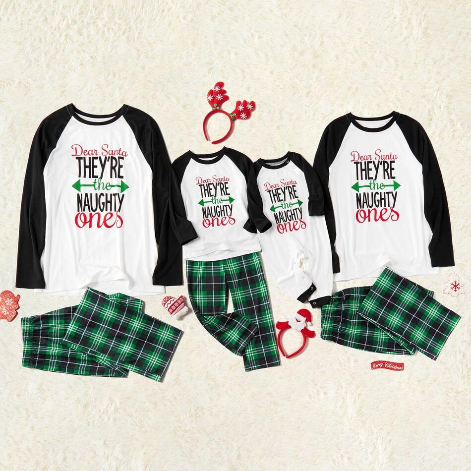 Contrast Top and Green Buffalo Plaid Pants Christmas Family Matching Pajamas Set (with Pet Dog Clothes)