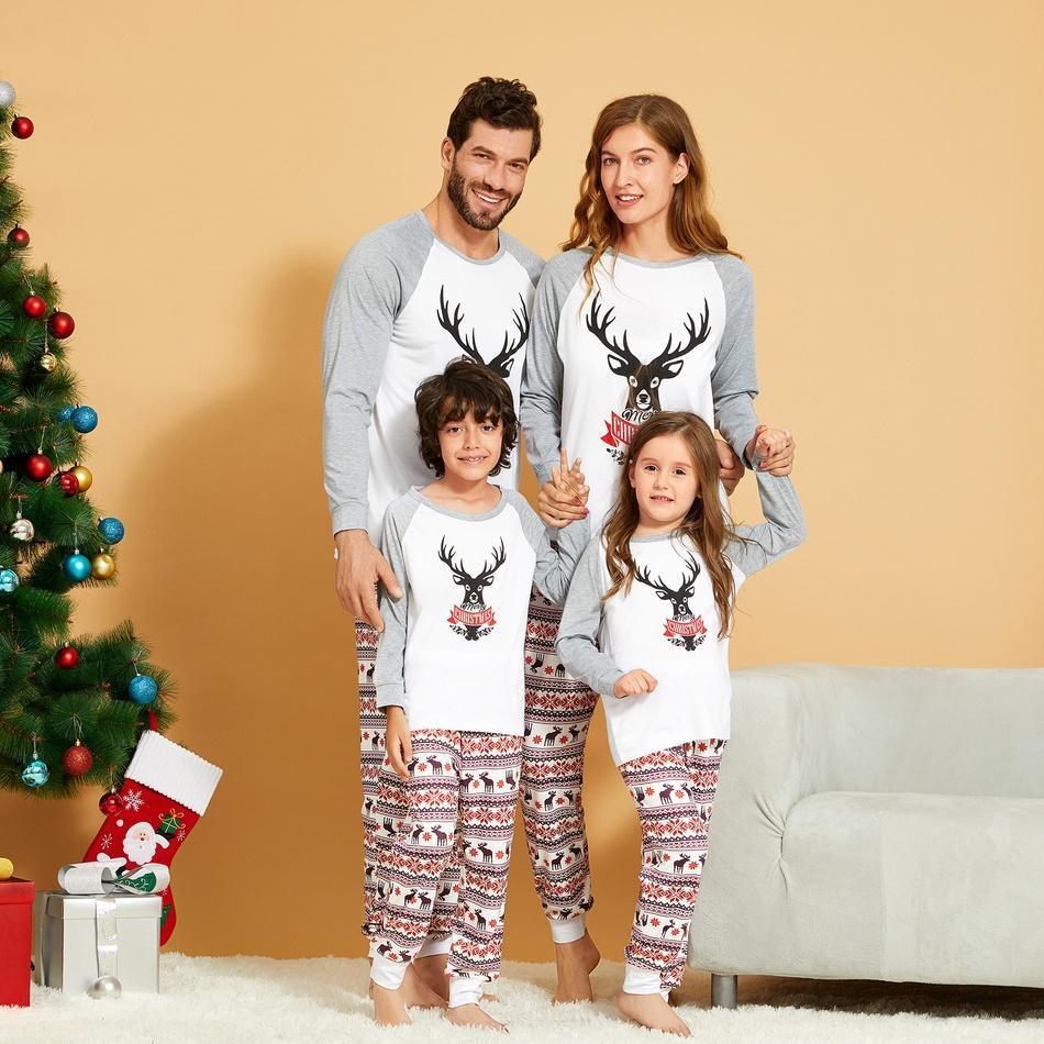 Merry Christmas Reindeer Print Top and Patterned Pants Family Matching hot Set