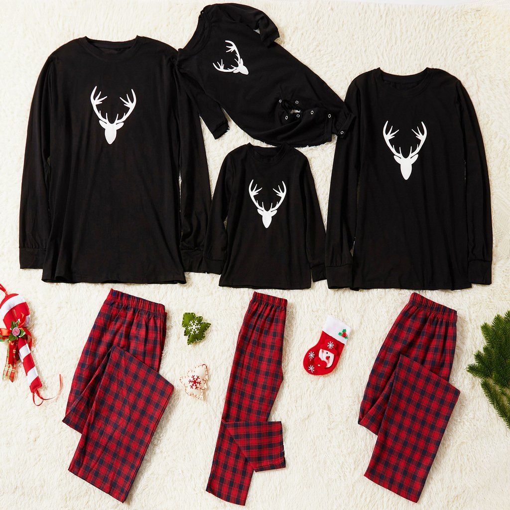 Christmas Plaid Antler Print Family Matching Pajamas Sets