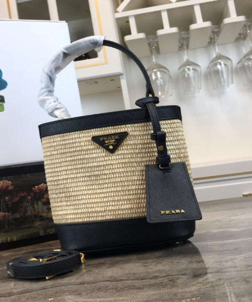 Prada Panier Medium Straw Bag Black