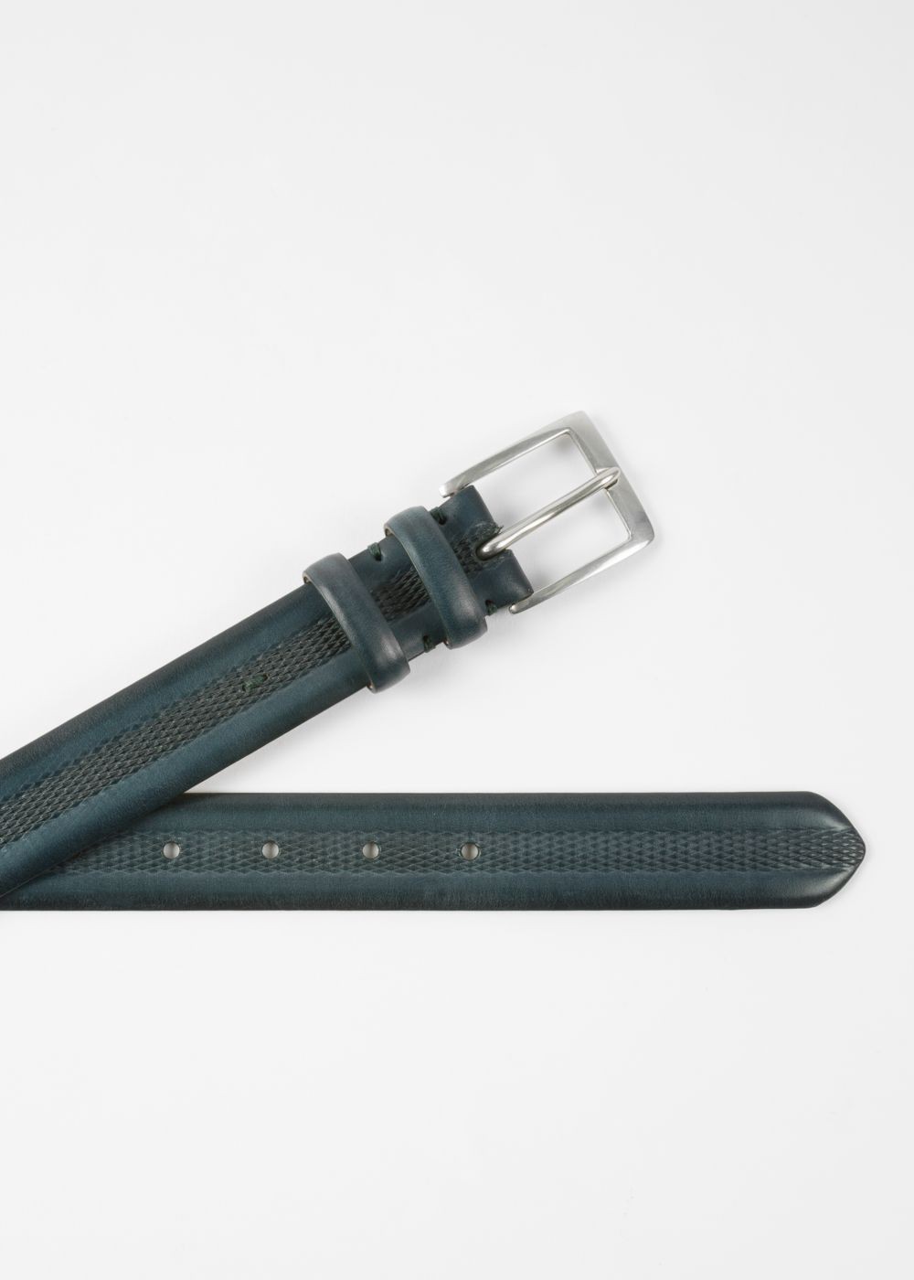 Paul Smith Men's Teal Embossed Geometric Pattern Leather Belt