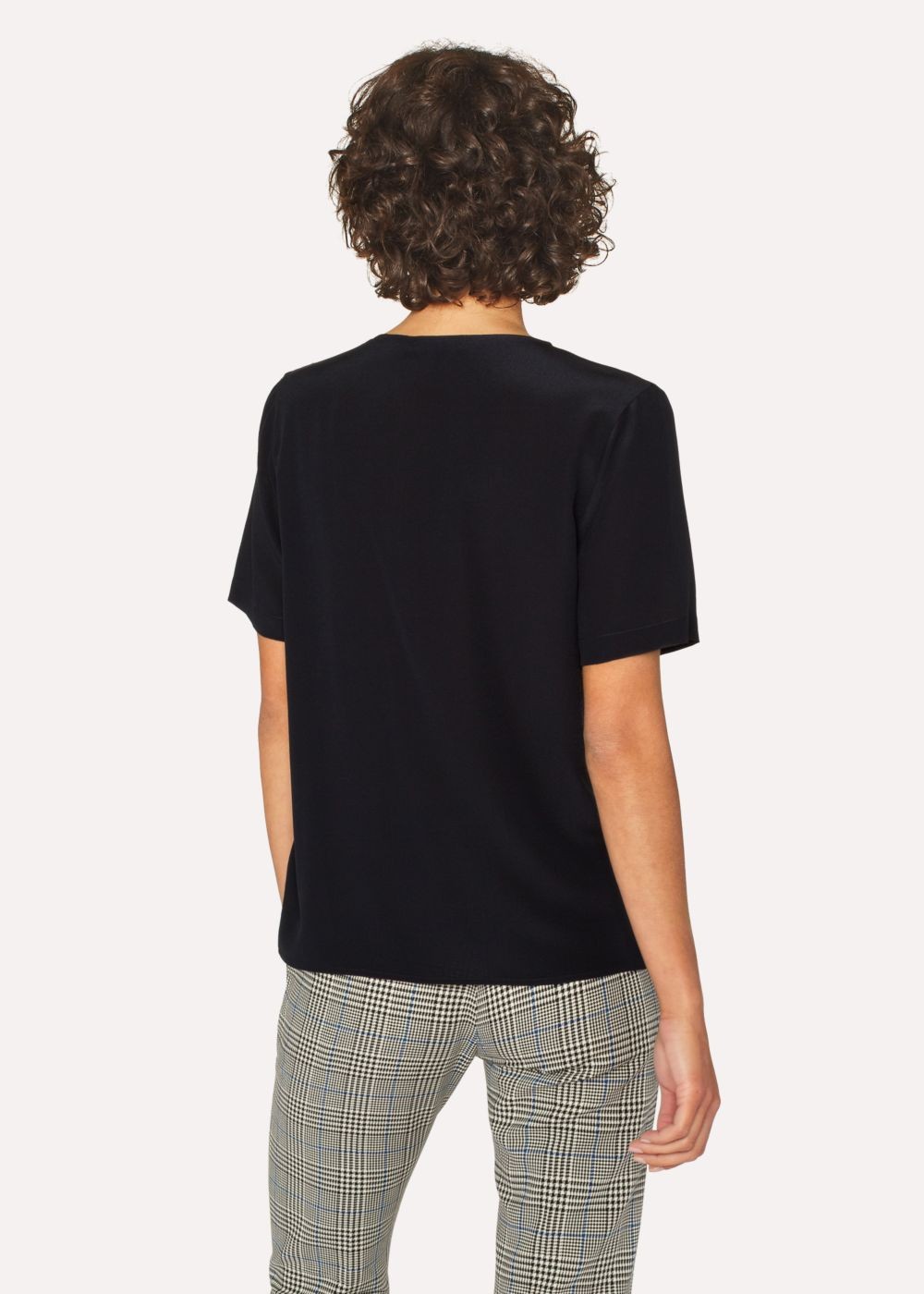 Paul Smith Lady's Black Silk V-Neck Top With Pink Internal Trim