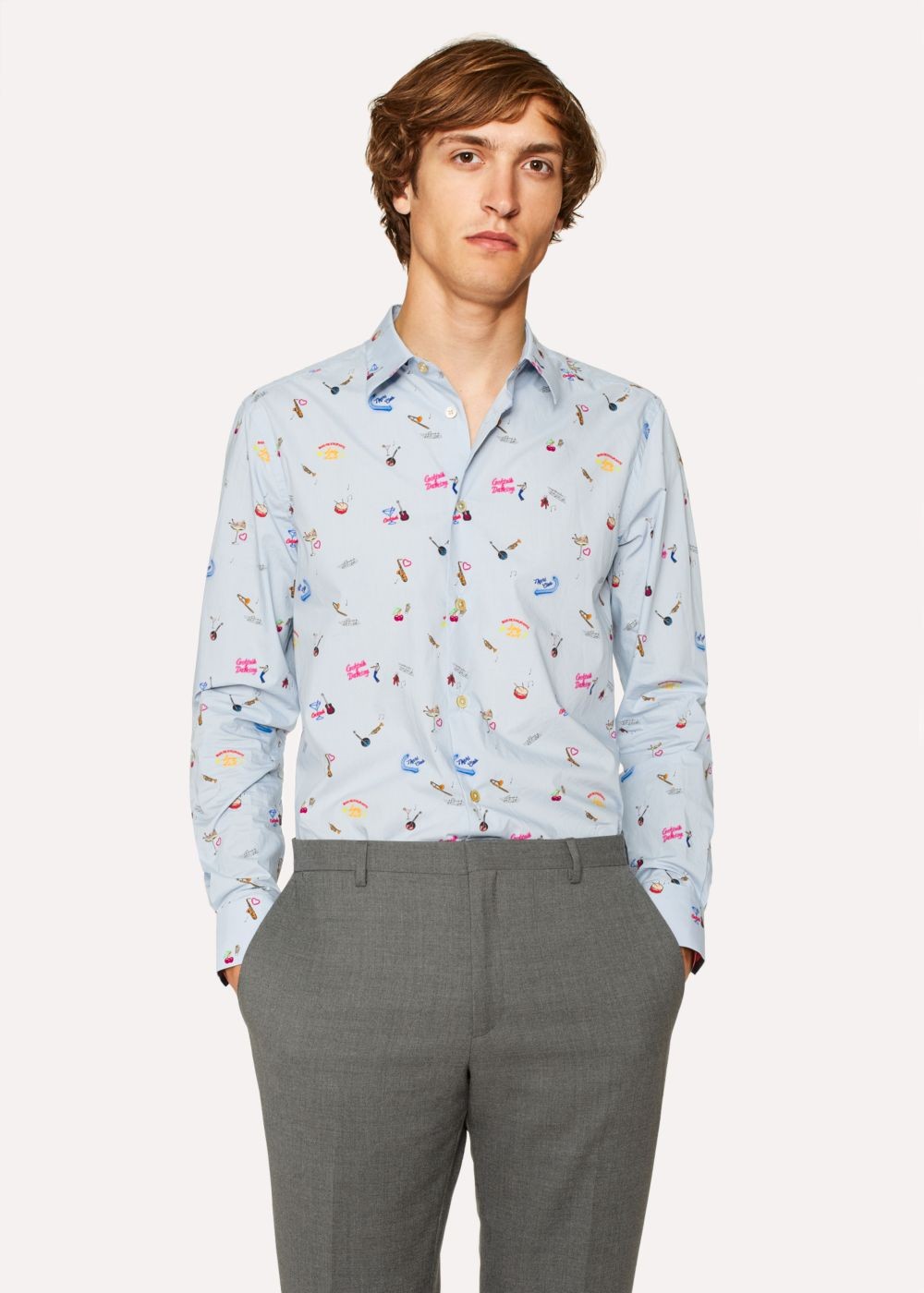 Paul Smith Men's Slim-Fit Sky Blue 'soho' Print Shirts With 'artist Stripe' Cuff Lining
