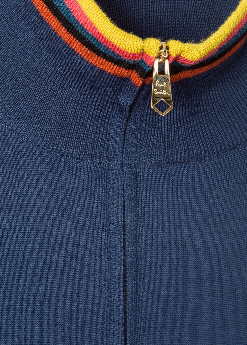 Paul Smith Men's Slate Blue Funnel Neck Merino Wool Half-Zip Sweater With 'artist Stripe' Collar