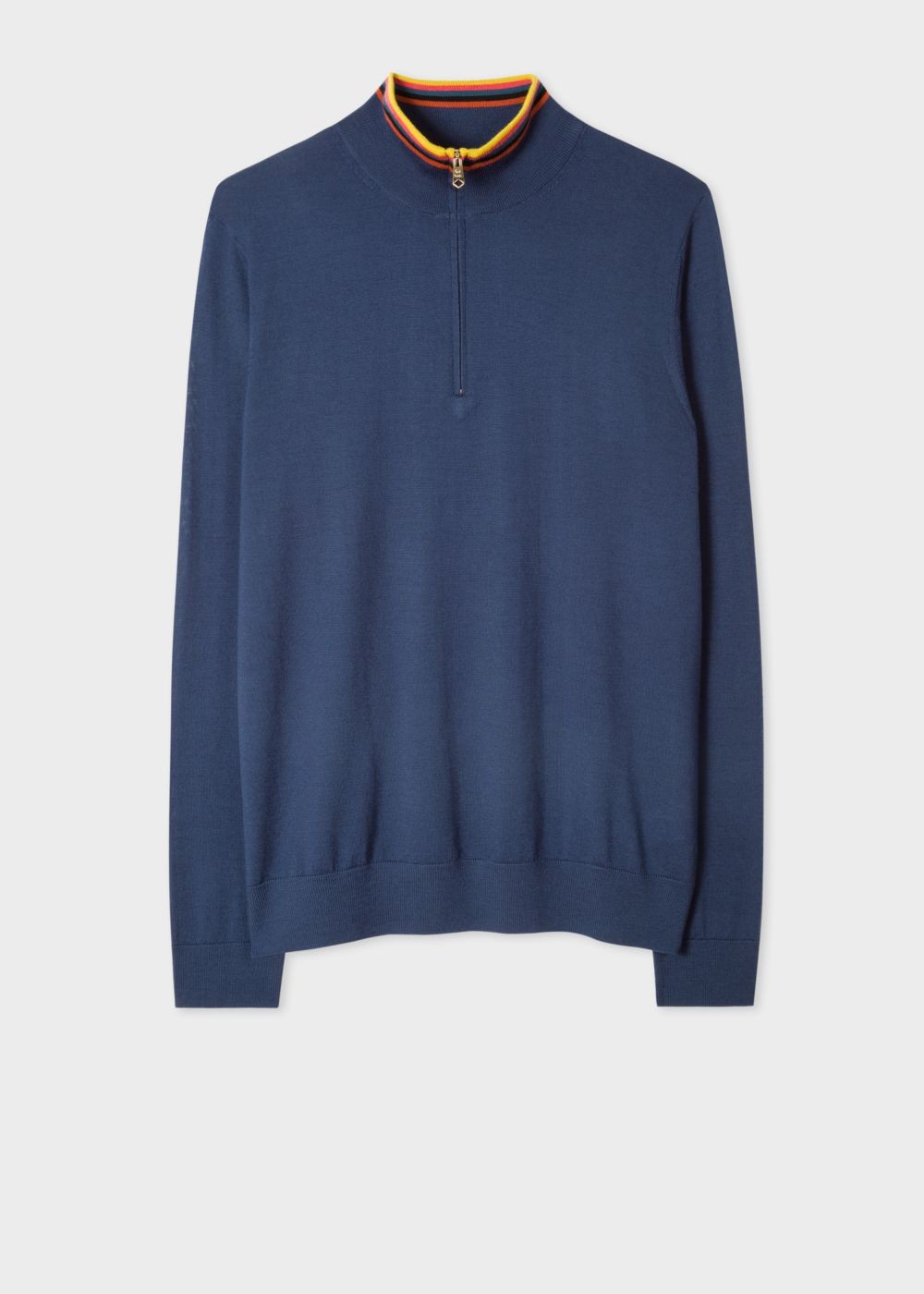 Paul Smith Men's Slate Blue Funnel Neck Merino Wool Half-Zip Sweater With 'artist Stripe' Collar