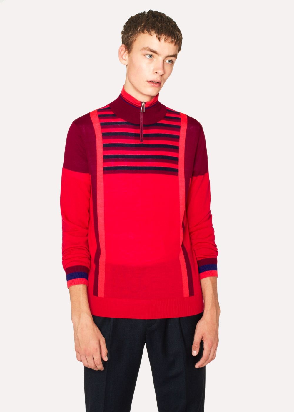 Paul Smith Men's Red Block-Stripe Merino Wool Half-Zip Sweater