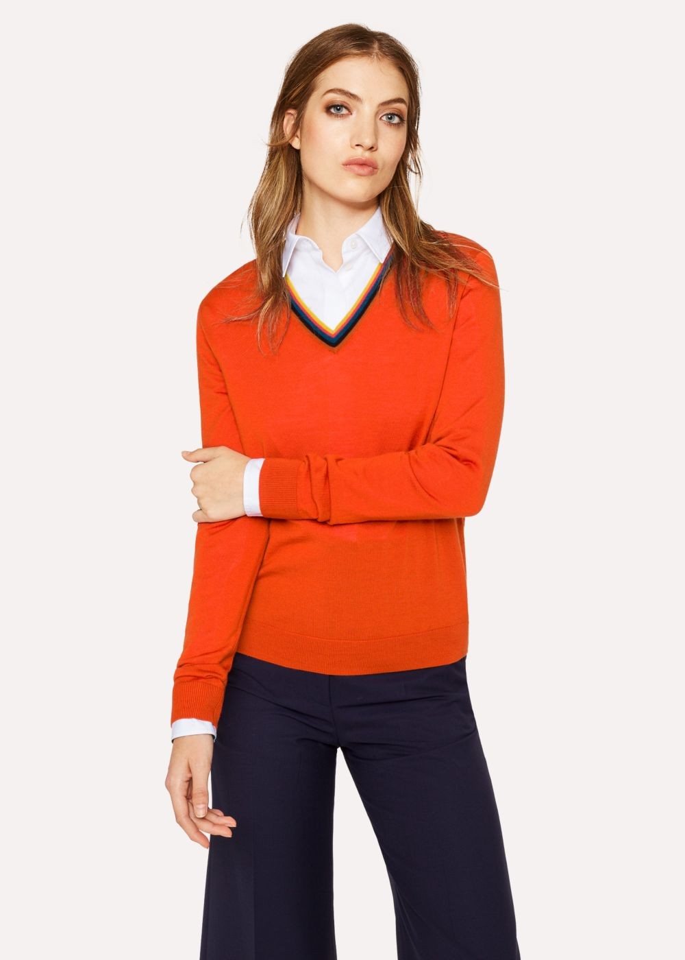 Paul Smith Lady's Orange 'artist Stripe' V-Neck Wool Sweater