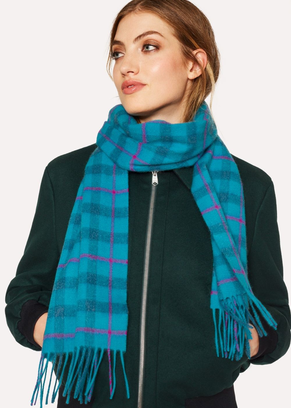 Paul Smith Women's Turquoise Check Cashmere Scarf
