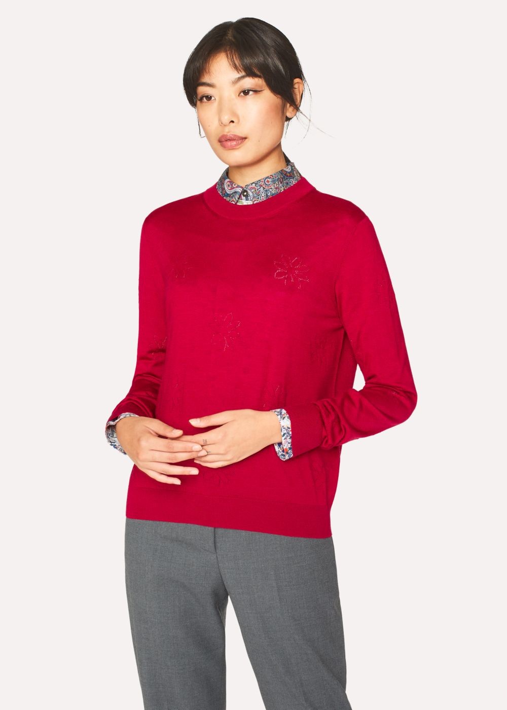 Paul Smith Womens's Red Wool-Silk Openwork-Knit Sweater