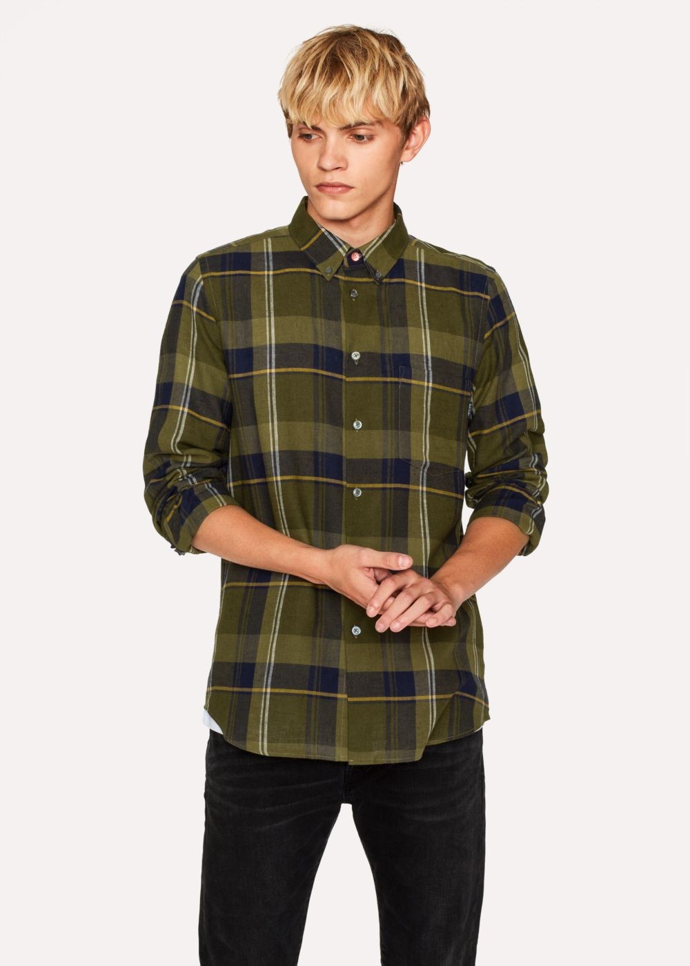 Paul Smith Men's Tailored-Fit Khaki Check Cotton Button-Down Tshirts