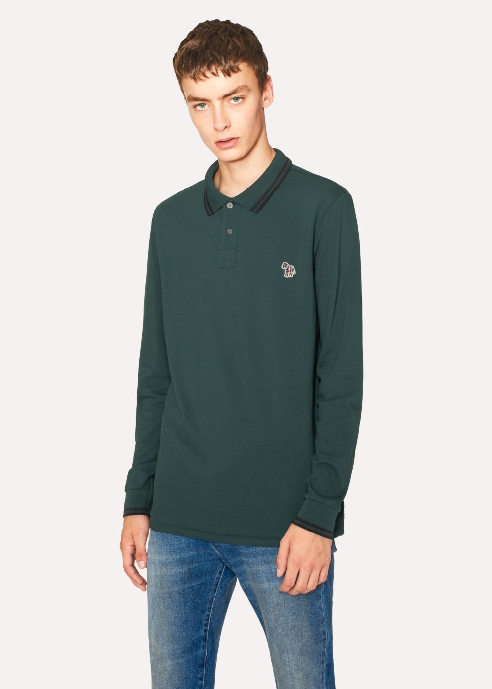 Paul Smith Men's Green Zebra Long-Sleeve Polo Tees With Black Tipping