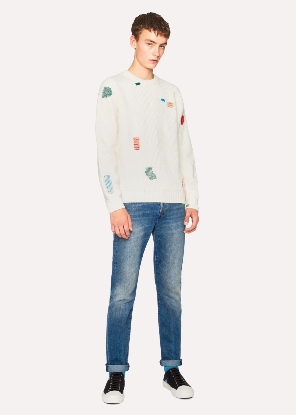 Paul Smith Mens's Ecru Wool-Blend Ribbed Sweater With Darning Detail