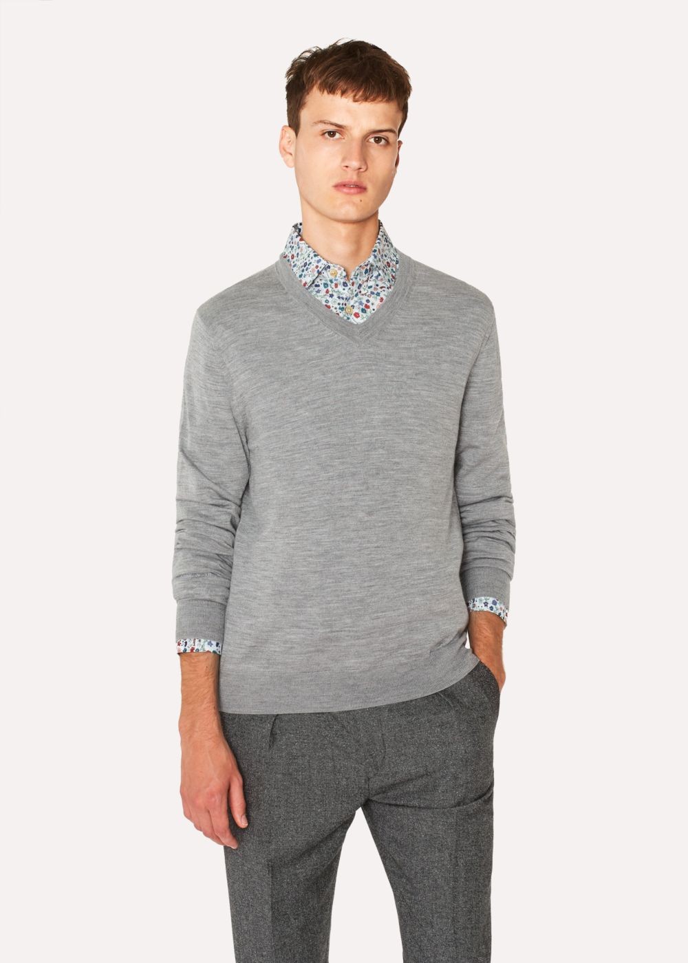 Paul Smith Men's Light Grey Marl V-Neck Merino Wool Sweater