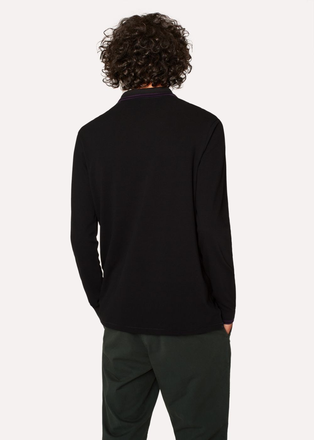 Paul Smith Men's Black Zebra Long-Sleeve Polo T-Shirts With Purple Tipping