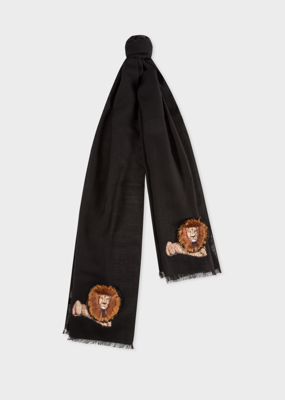 Paul Smith Men's Black 'lion' Embroidery Wool Scarf