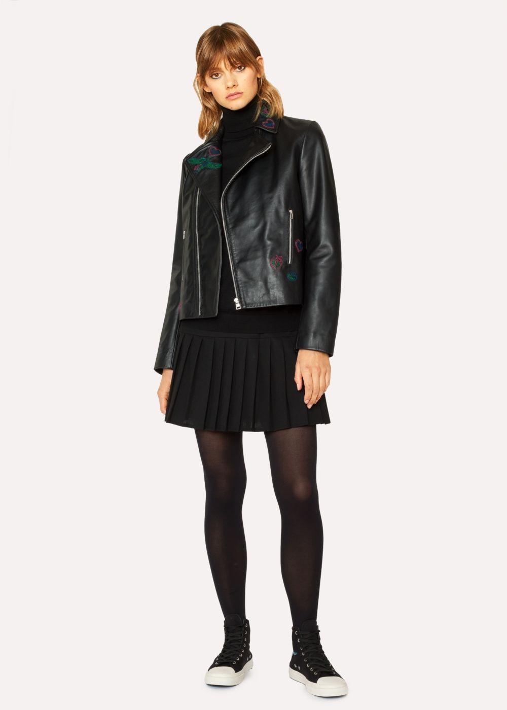 Paul Smith Women's Black Leather Biker Coats With Embroidered 'karami' Detail