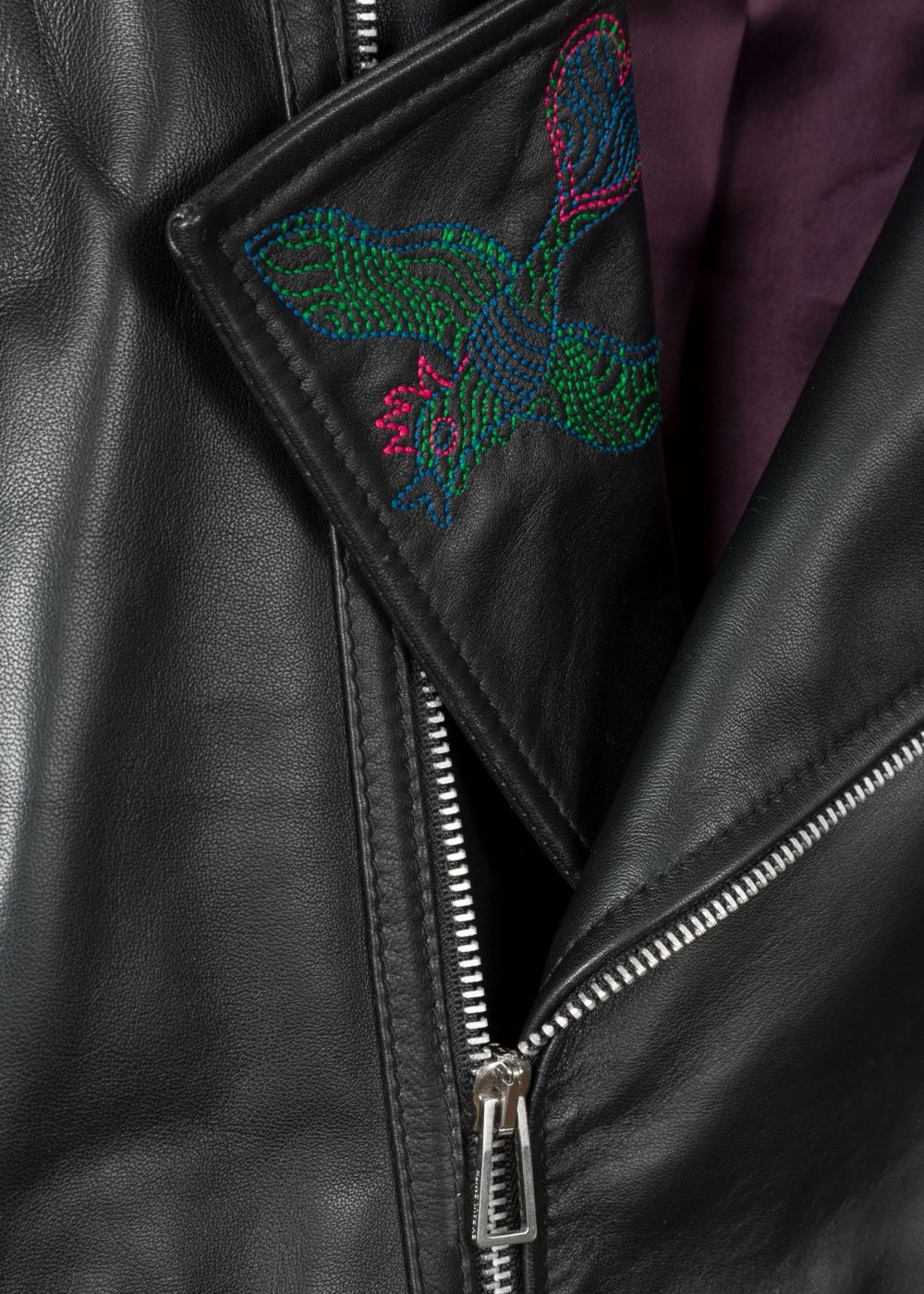 Paul Smith Women's Black Leather Biker Coats With Embroidered 'karami' Detail