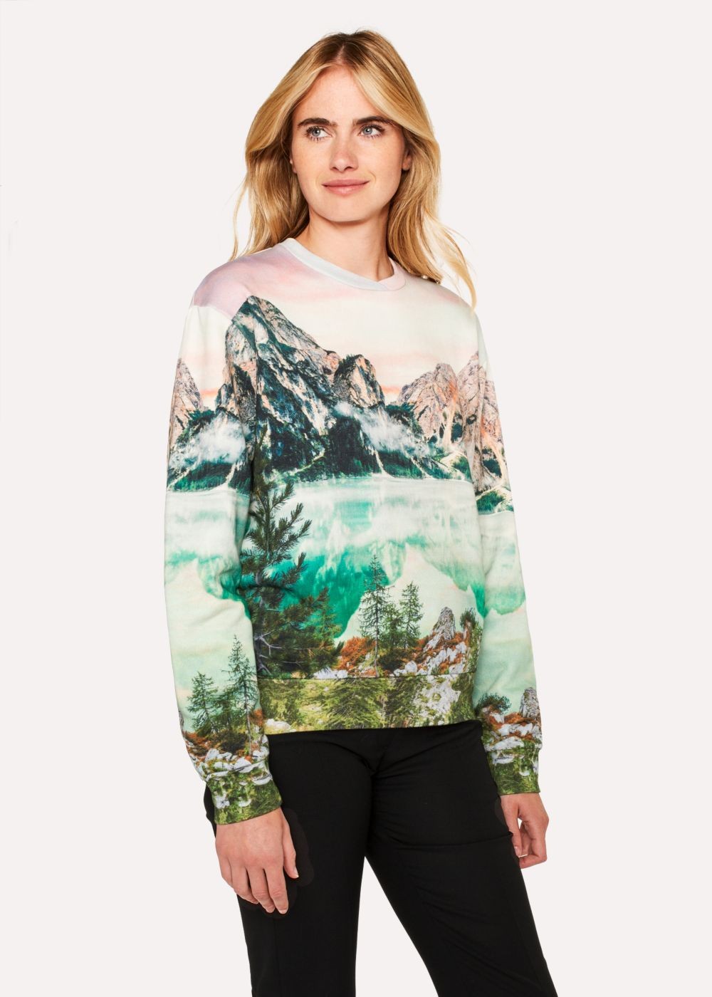 Paul Smith Lady's Pastel Pink 'mountain Scene' Print Cotton Sweatshirt