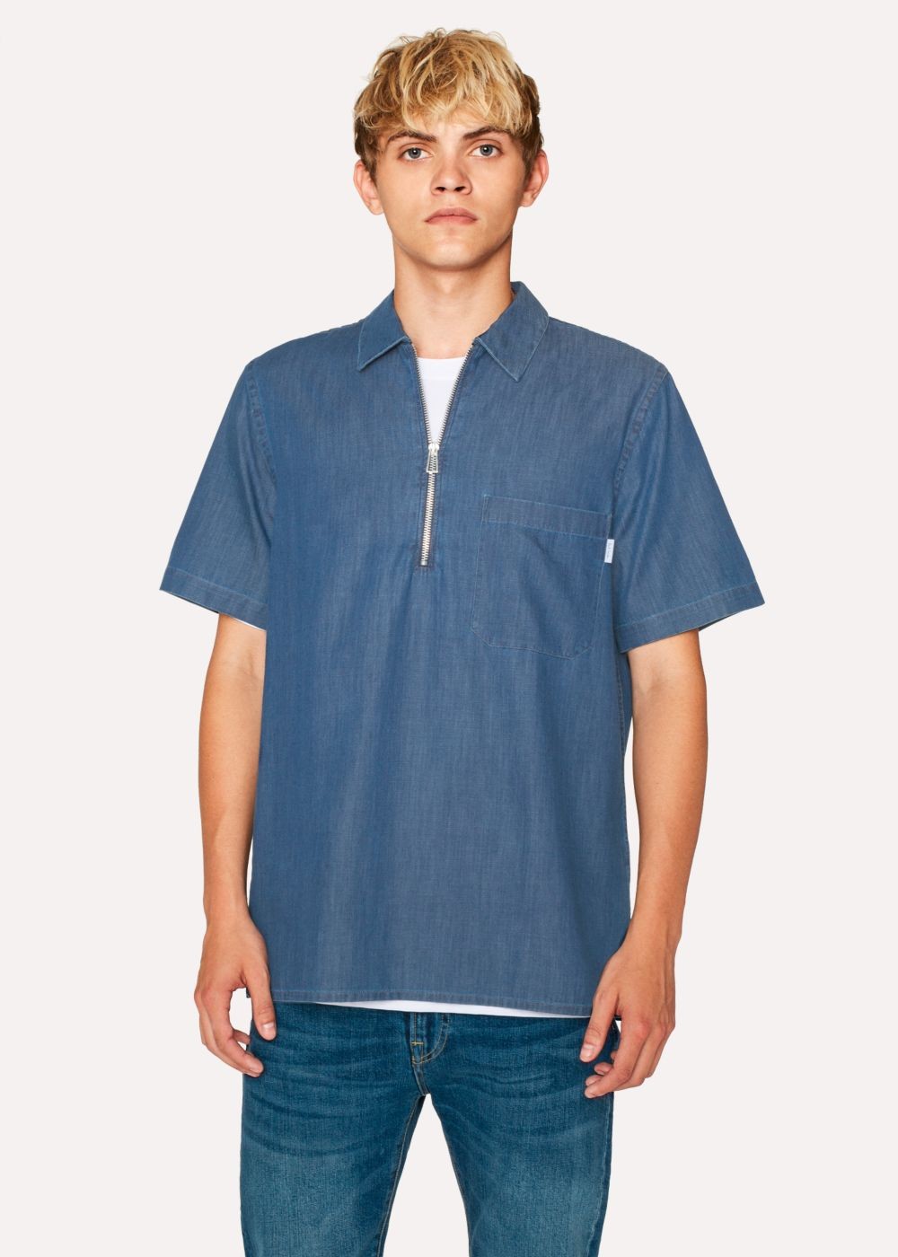 Paul Smith Mens's Mid-Wash Denim Short-Sleeve Half-Zip Tees