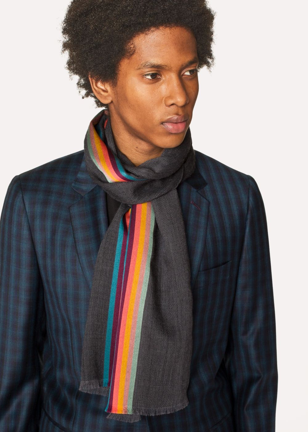 Paul Smith Men's Slate Grey 'artist Stripe' Band Herringbone Wool-Blend Scarf