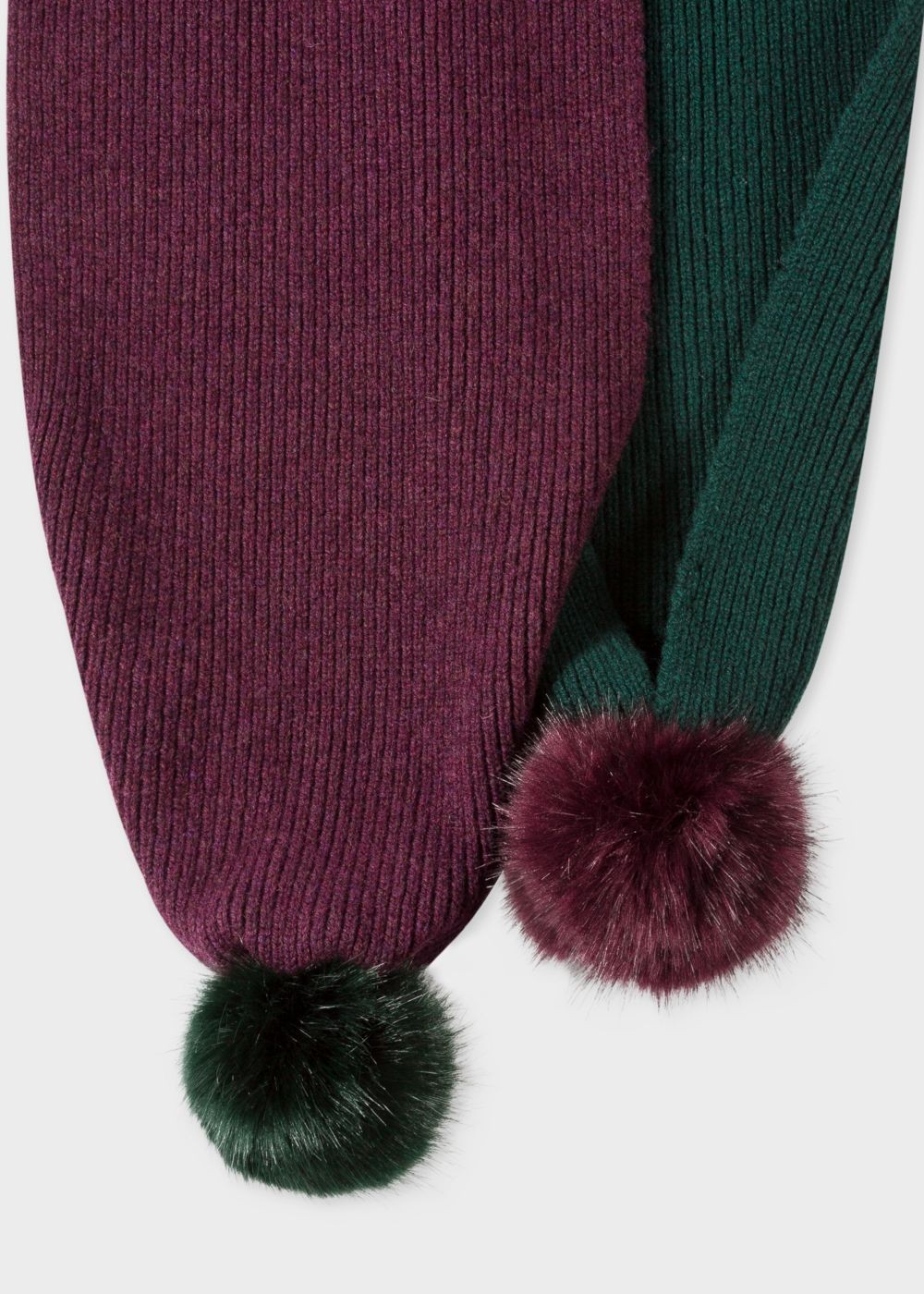 Paul Smith Women's Green And Burgundy Ribbed Scarf With Pom Poms