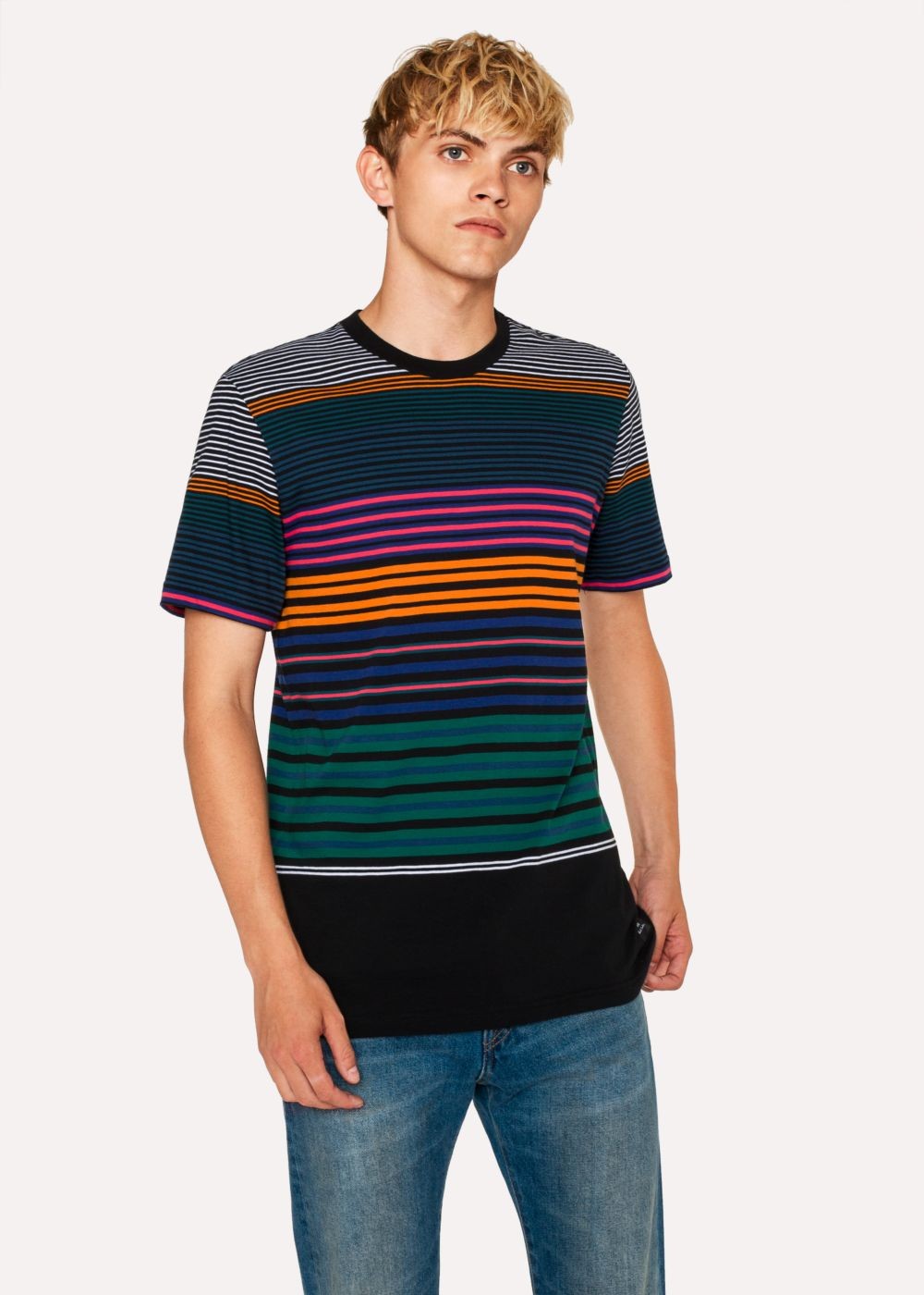 Paul Smith Men's Black Multi-Coloured Stripe Organic-Cotton T-Shirt