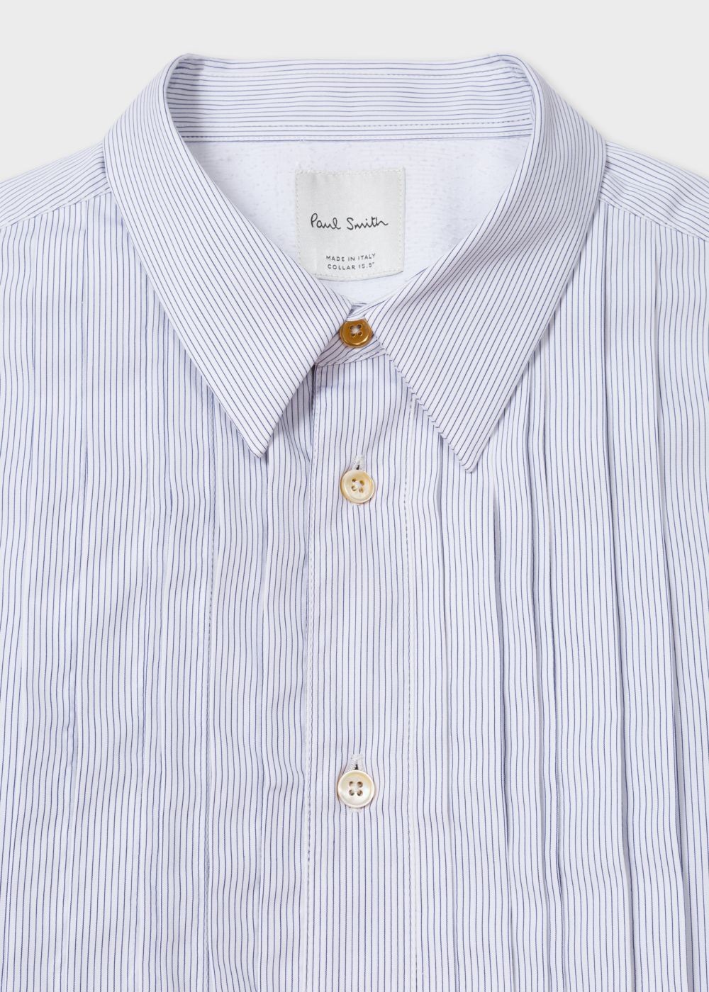 Paul Smith Mens's White Striped Pleat Front T-Shirt With 'dreamer' Placket Detail