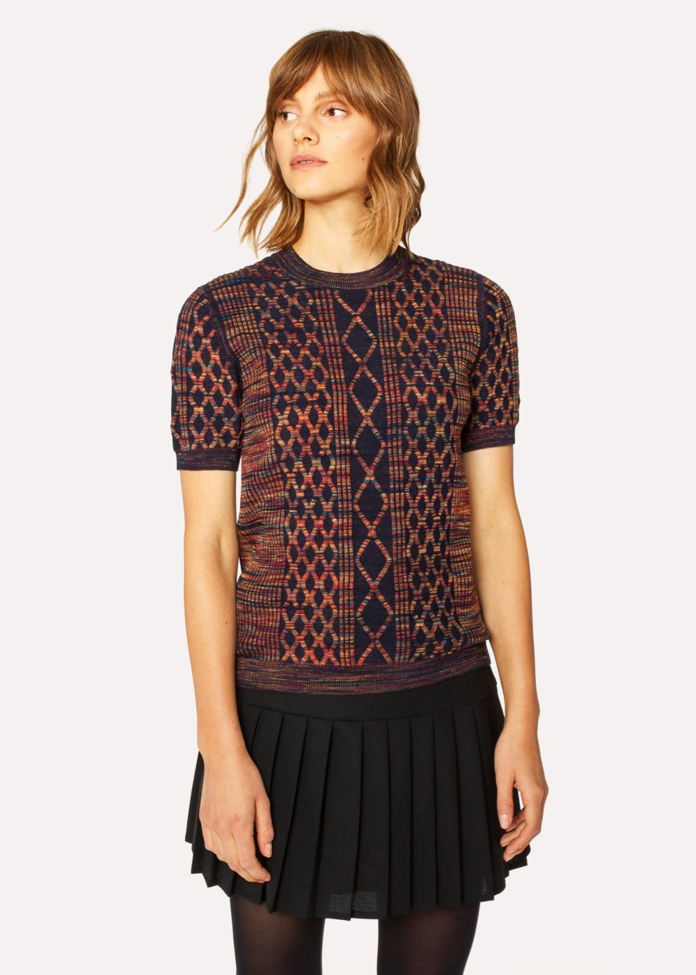 Paul Smith Women's Navy Wool-Blend 'signature Stripe' Cable Knit Short-Sleeve Sweater