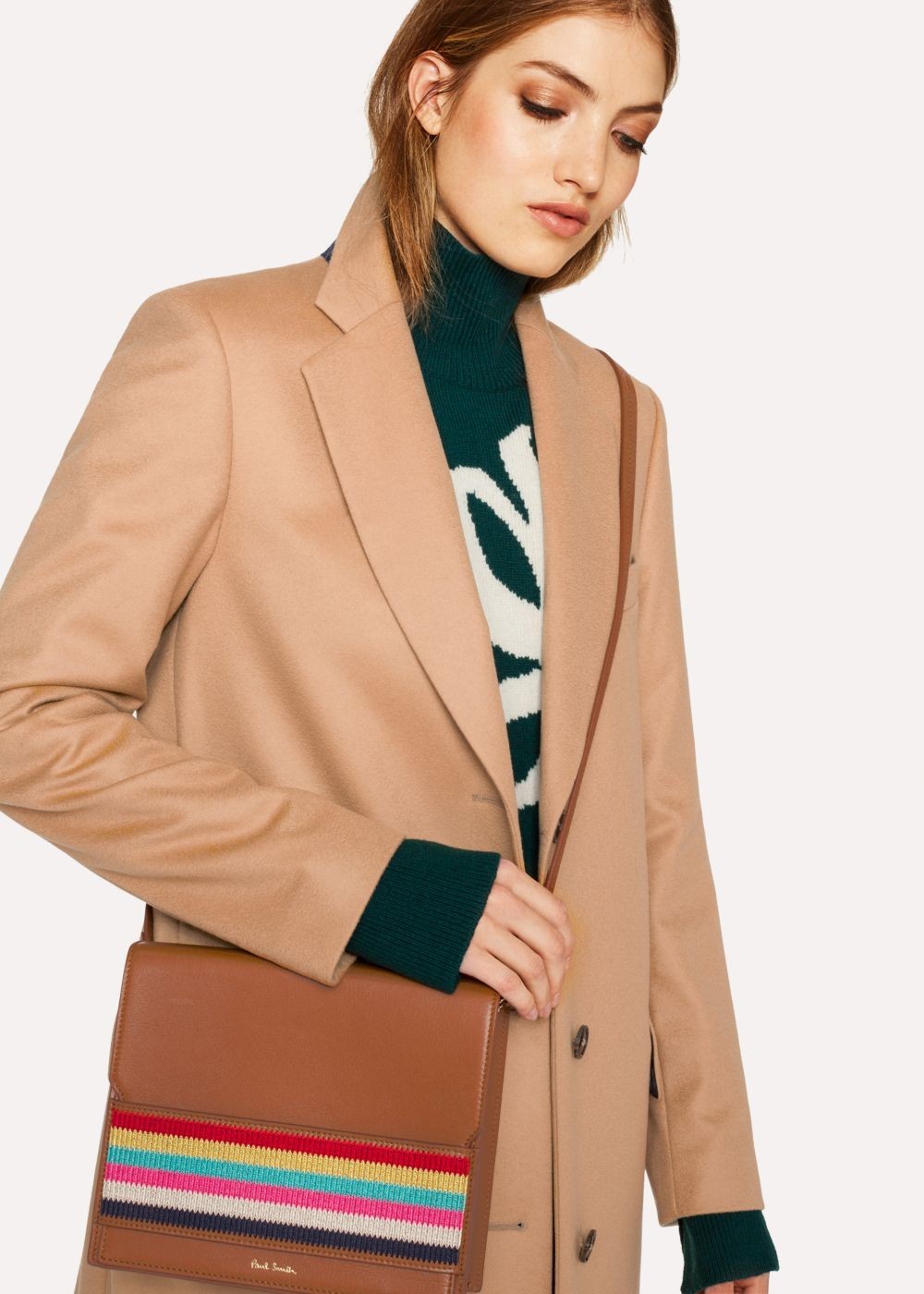 Paul Smith Women's Tan Leather Cross-Body HandBag With Multi-Coloured Stripe Embroidered Detail