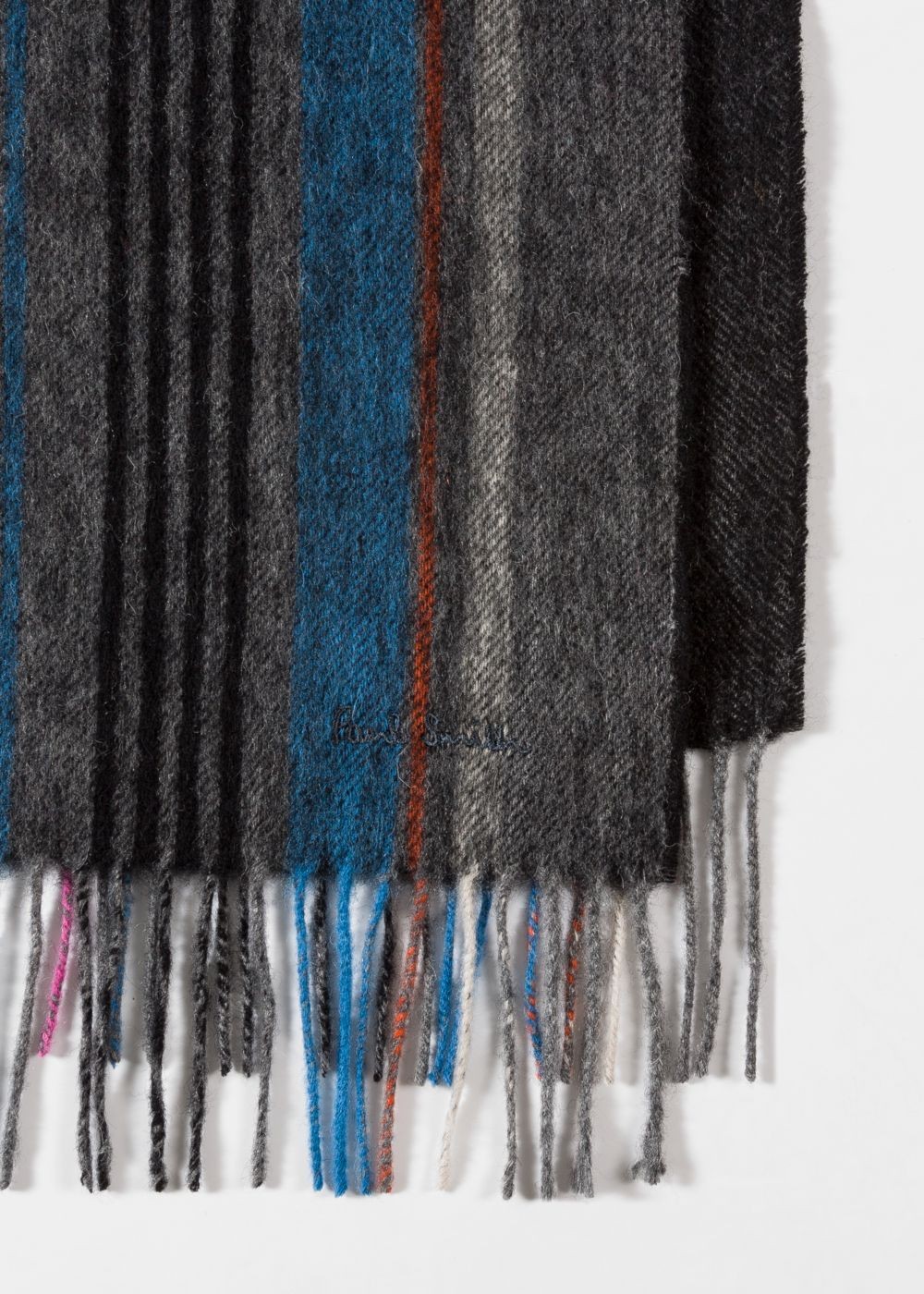 Paul Smith Men's Charcoal Grey Multi-Coloured Stripe Lambswool Scarf