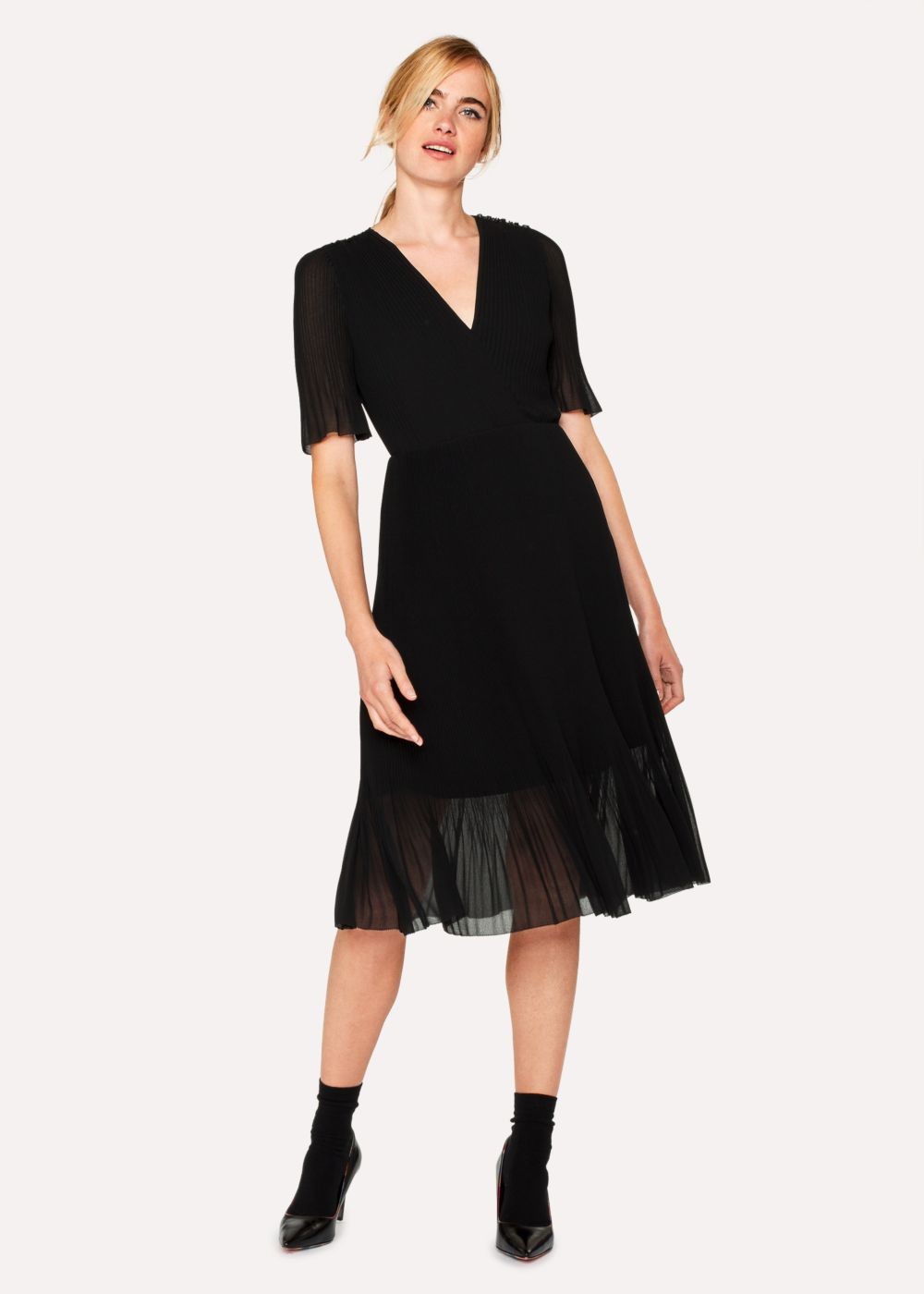 Paul Smith Womens's Black Chiffon Short-Sleeve Pleated Dress