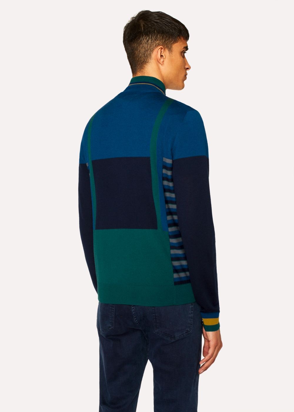 Paul Smith Men's Cobalt Blue Geometric Stripe Zip-Through Funnel-Neck Wool Cardigan Clothing