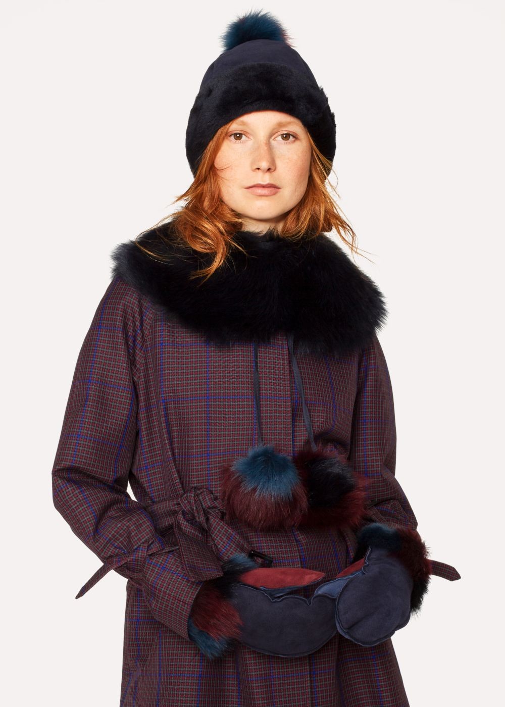 Paul Smith Lady's Sheepskin Three-Colour Bobble Beanie Caps