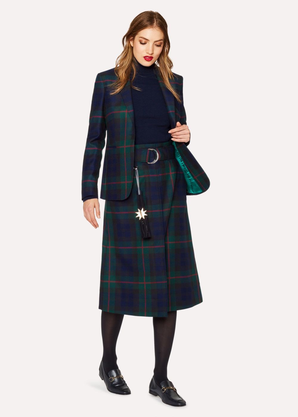 Paul Smith Womens's Navy, Green And Red Tartan A-Line Midi Skirt With Belt
