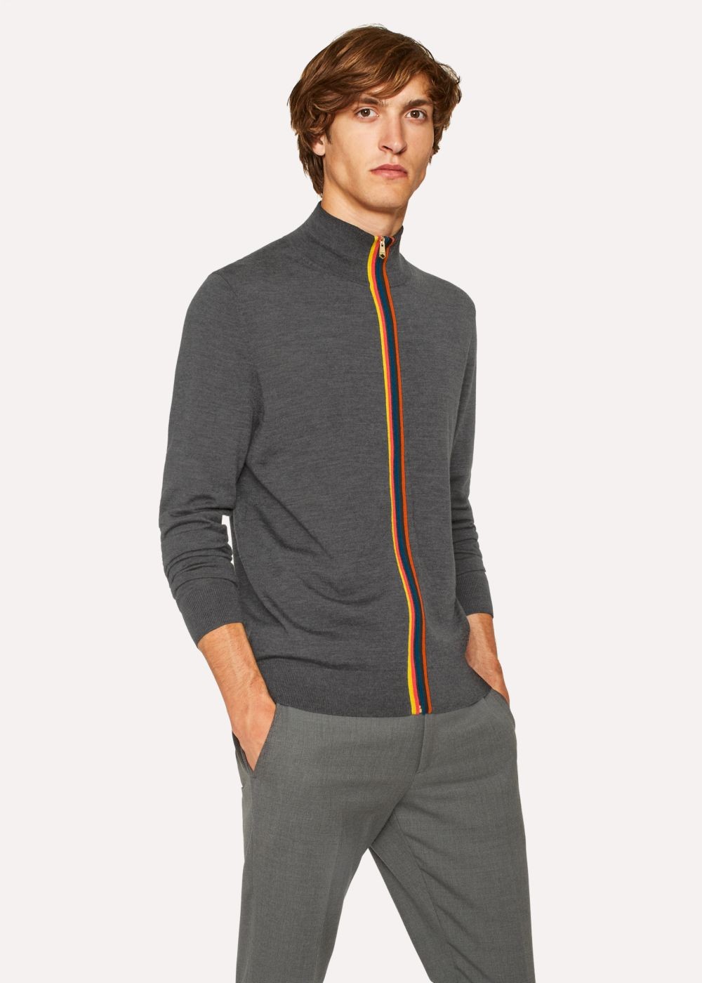 Paul Smith Men's Dark Grey Marl Wool 'artist Stripe' Zip-Through Cardigan Clothing