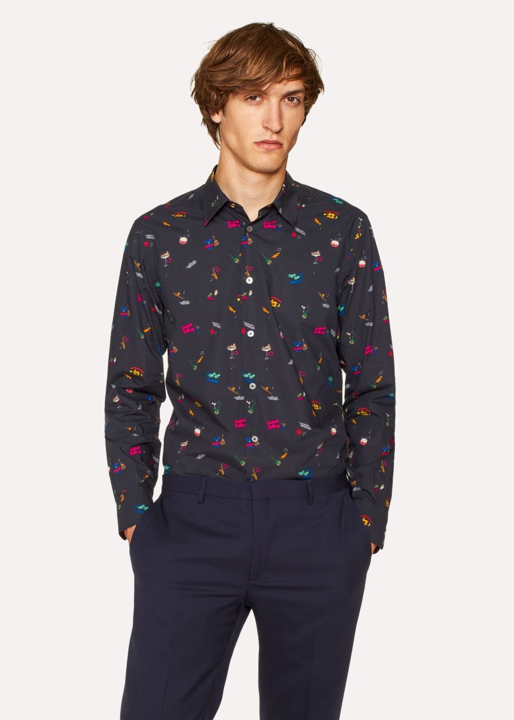 Paul Smith Mens's Slim-Fit Navy 'soho' Print Tees With 'artist Stripe' Cuff Lining