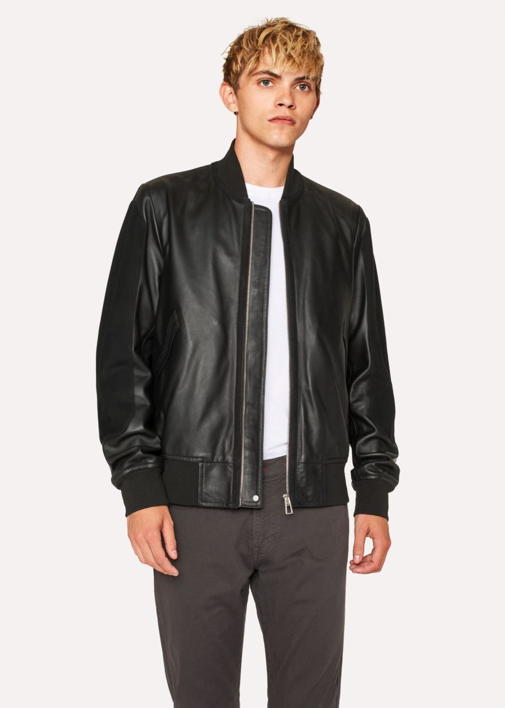 Paul Smith Men's Black Leather Bomber Coat With Suede Panels