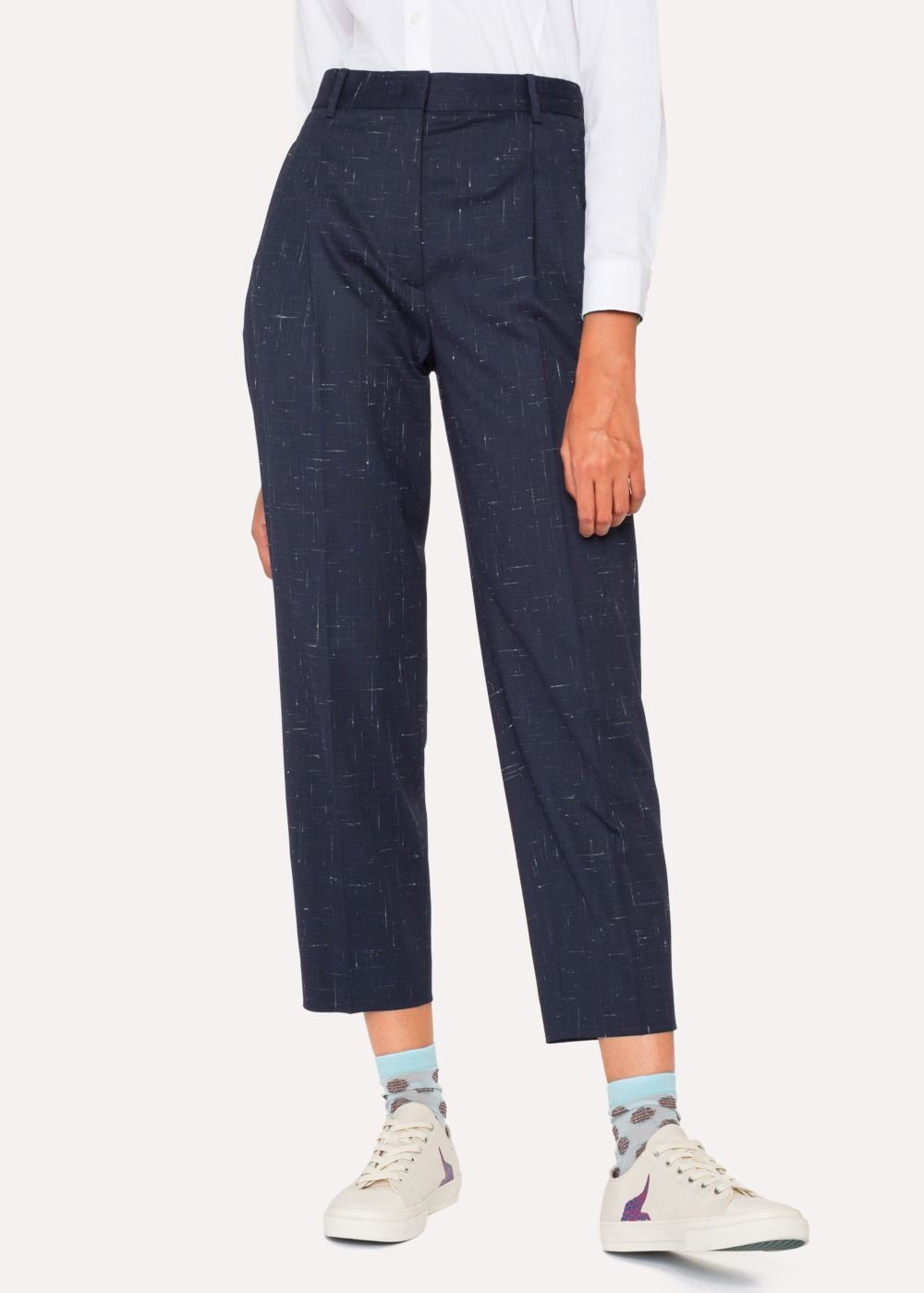 Paul Smith Women's Navy Flecked Slub Double-Pleat Wool-Blend Pants