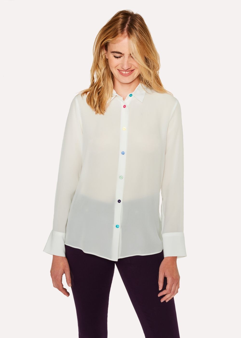 Paul Smith Women's Cream Silk Shirts With Multi-Coloured Button Placket