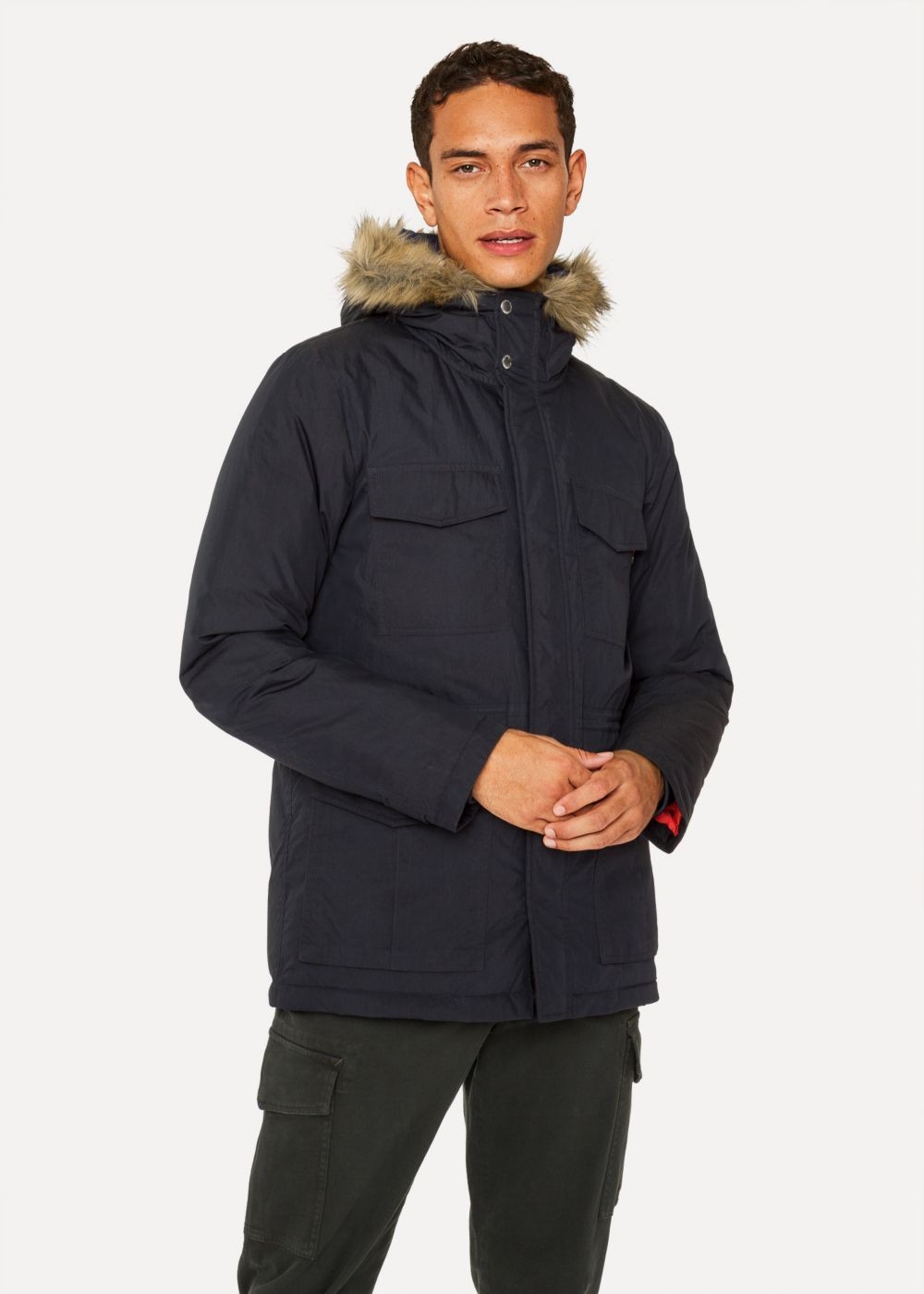 Paul Smith Men's Navy Quilted Parka With Faux Fur Hood Detail Clothing