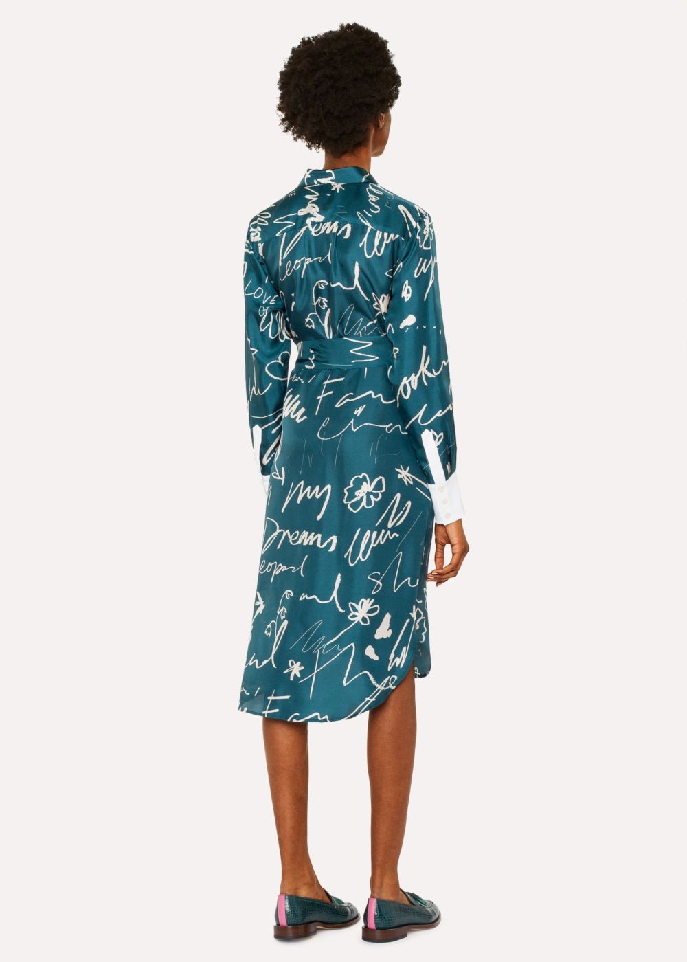 Paul Smith Lady's Teal 'ideas Script' Print Silk Shirt Dress