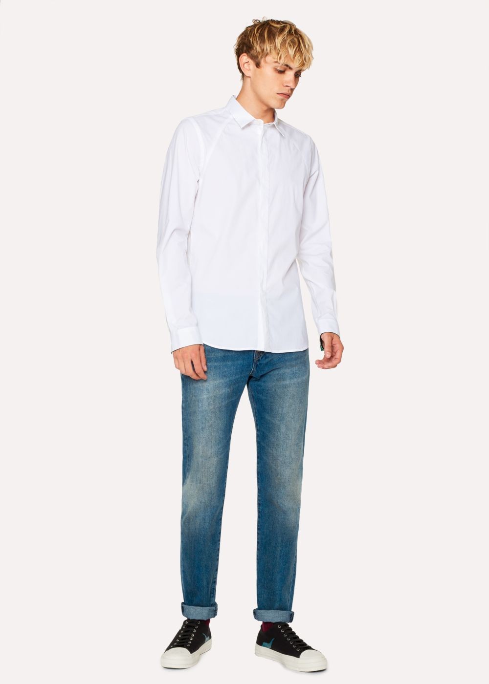 Paul Smith Men's Slim-Fit White Cotton T-Shirt With 'cycle Stripe' Cuff Lining