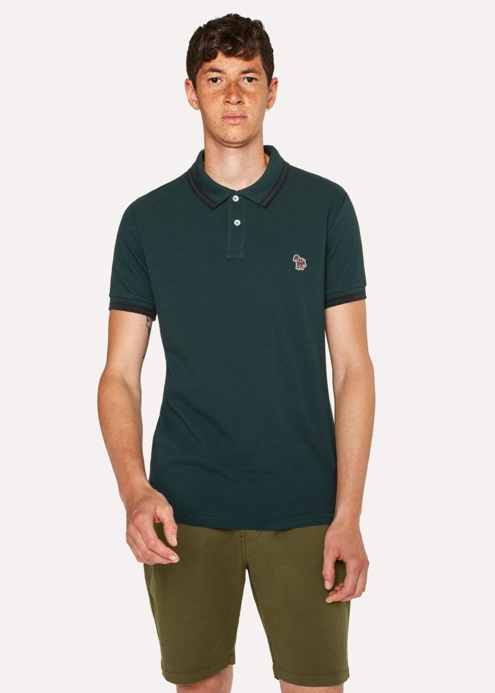 Paul Smith Men's Slim-Fit Dark Green Zebra Polo T-Shirt With Black Tipping